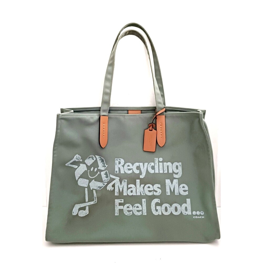 Coach 100% Recycled Green Canvas Lg Tote 42 Leather Straps Ltd Edition C3867
